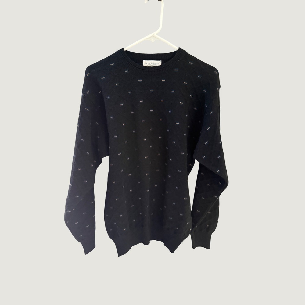 Tricots St Raphael Mens Black Wool Vintage Diamond Crewneck Sweater Large